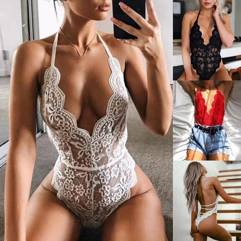 Lace spandex onesie bodysuit for women in black, red, and white colour options with stretch fit for cosplay and lingerie