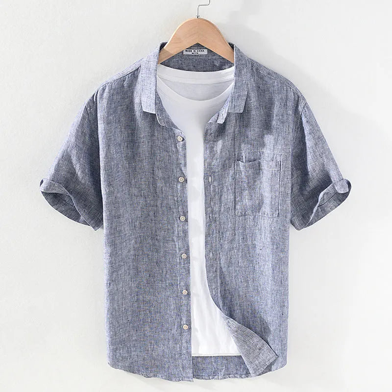 Men's raw jute linen short sleeve shirt with square collar and cardigan style.