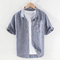 Men's raw jute linen short sleeve shirt with square collar and cardigan style.