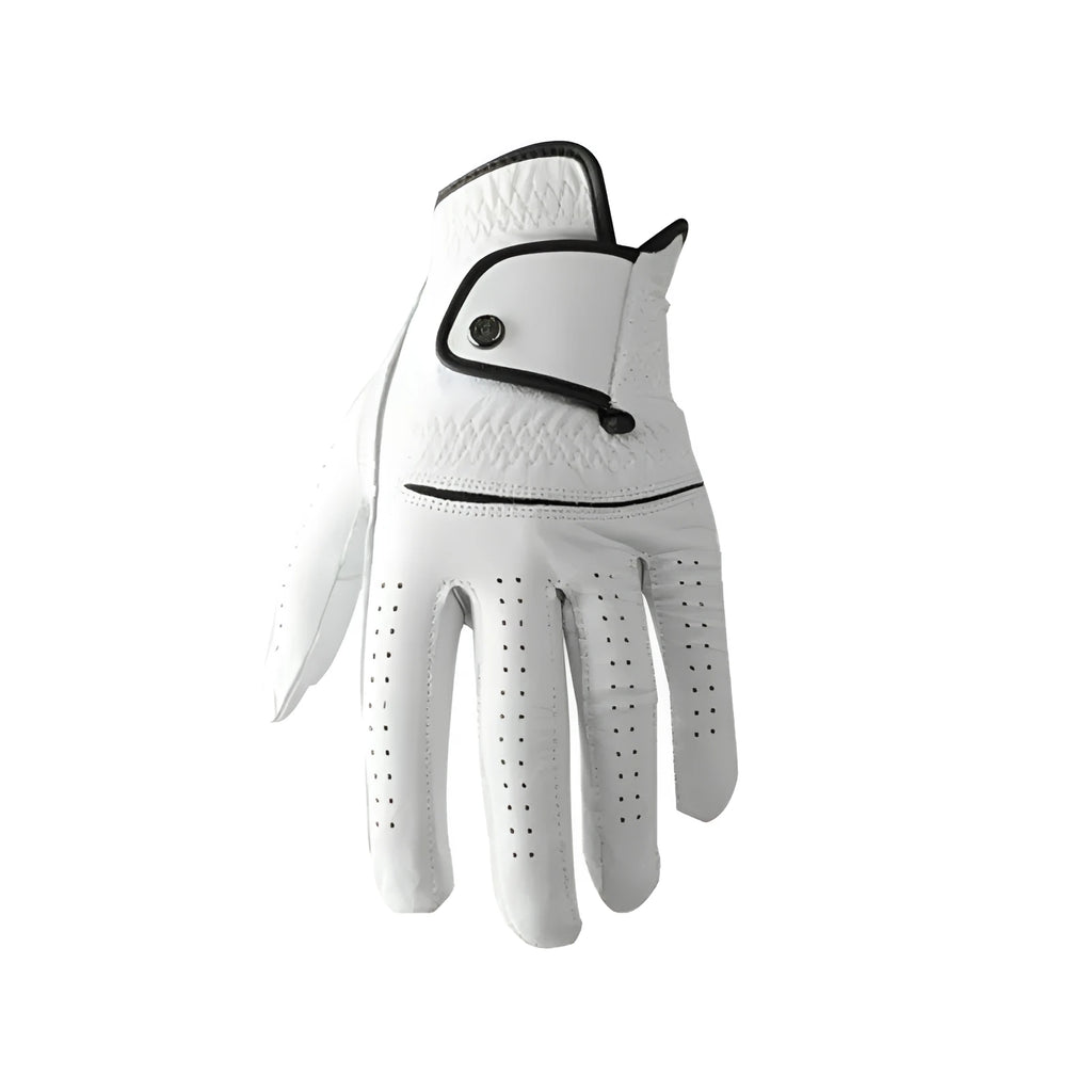 Men's white half sheepskin leather golf glove showing palm with non-slip grip.