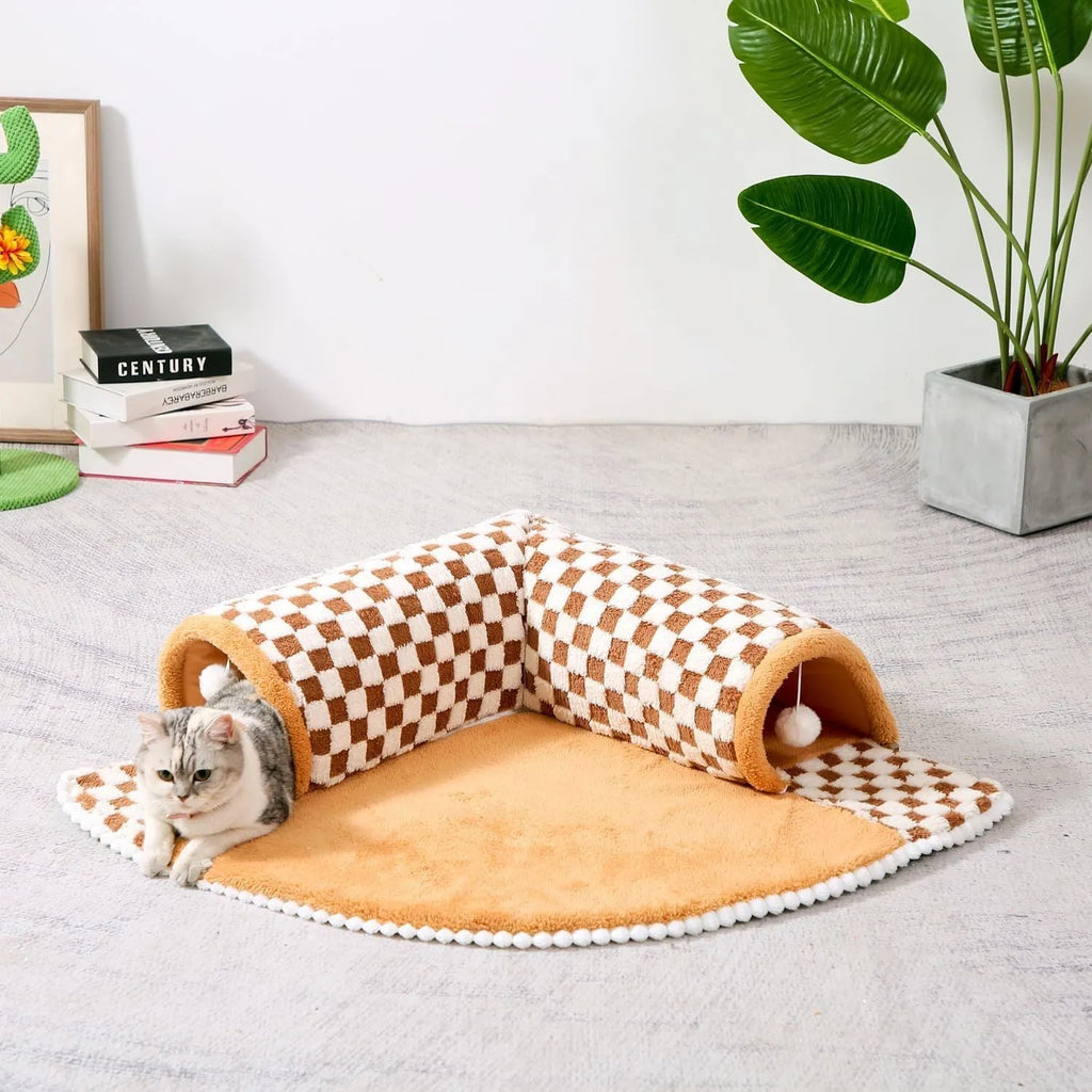 XL fan-shaped plush pet bed with integrated tunnel in plaid fabric, Coffee colour.
