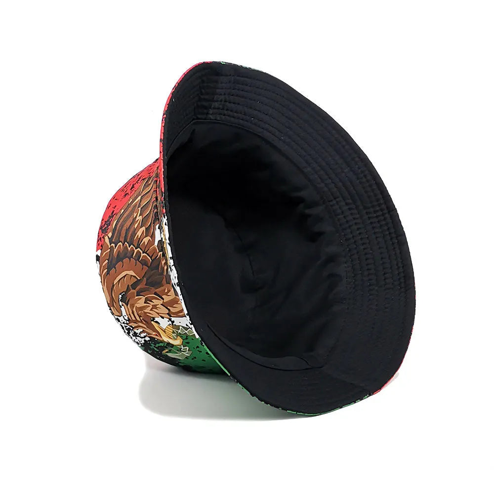 Retro style bucket hat with eagle pattern, dome crown, made from polyester fabric.