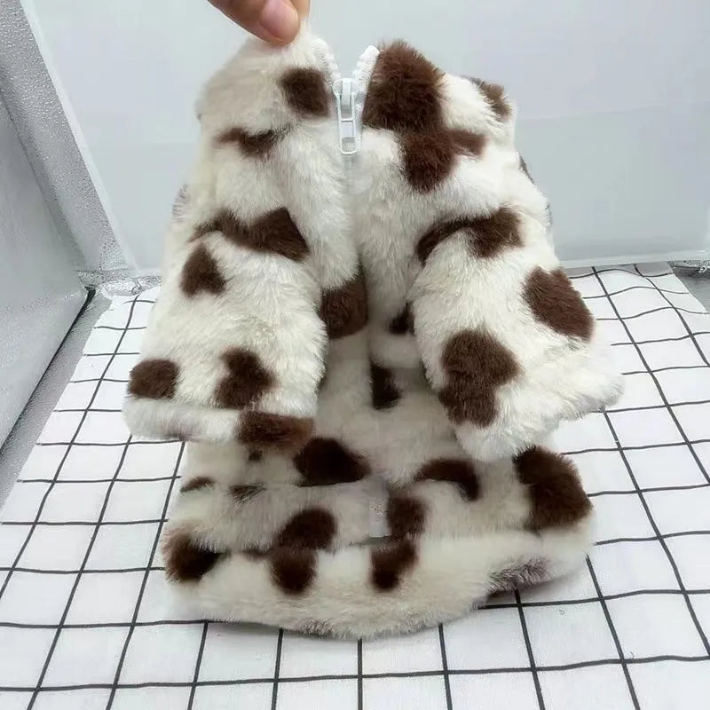 Small dog wearing a pink or brown plush warm coat in British style for Teddy and Bichon breeds
