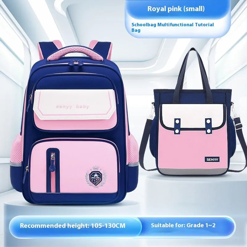 Children's spine protector backpack in blue, made of water-repellent Oxford cloth, size 38x30x15cm