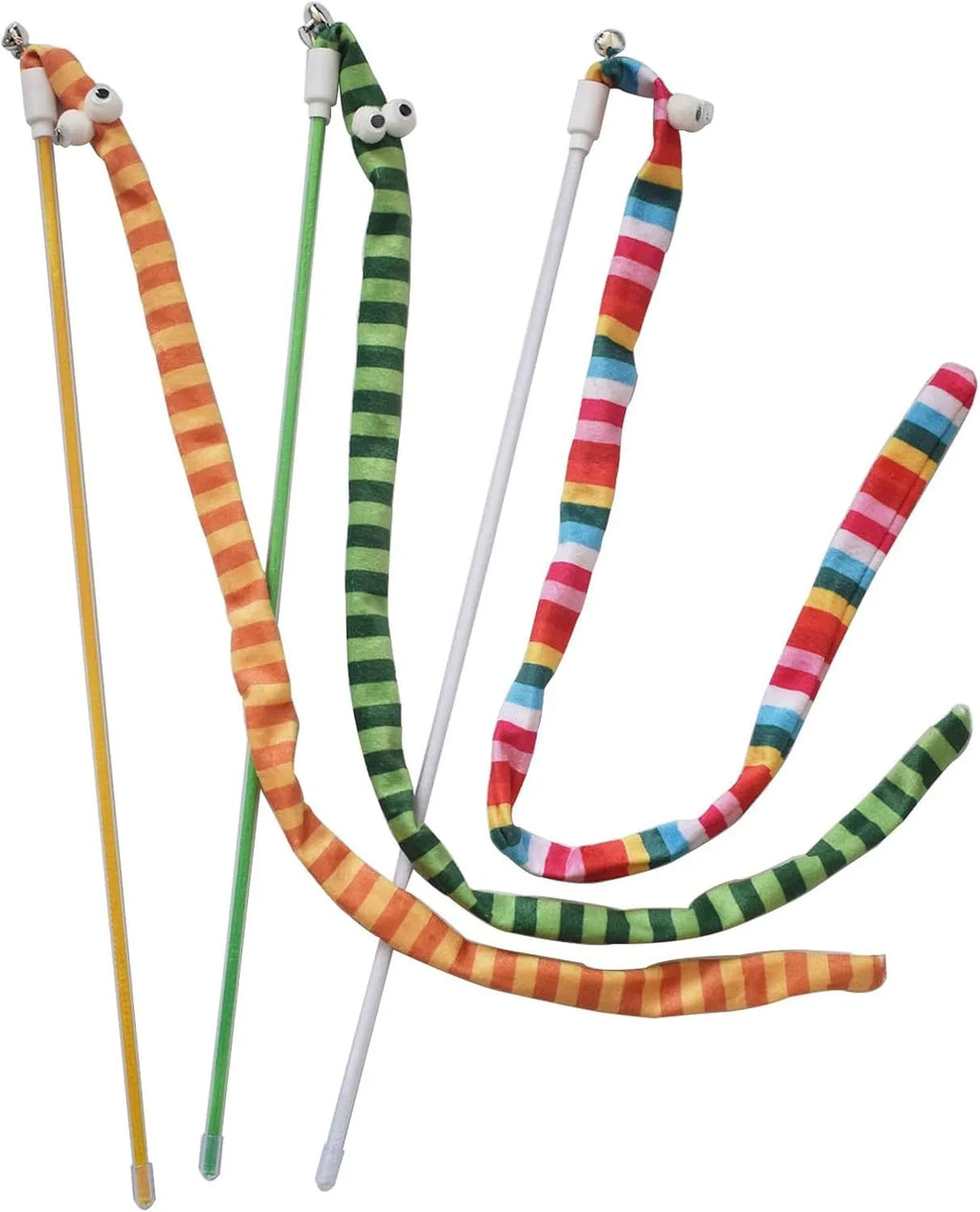 Cat wand toy with colourful plush strip attached to polycarbonate pole, shown in green colour option