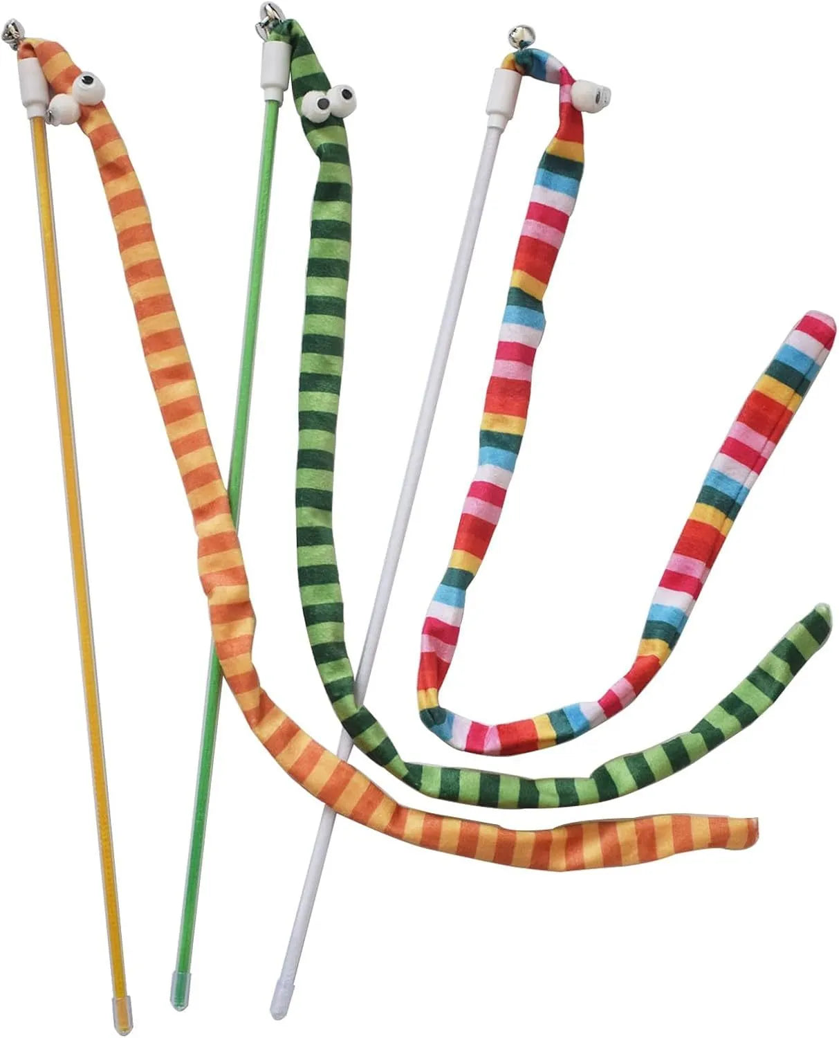Cat wand toy with colourful plush strip attached to polycarbonate pole, shown in green colour option