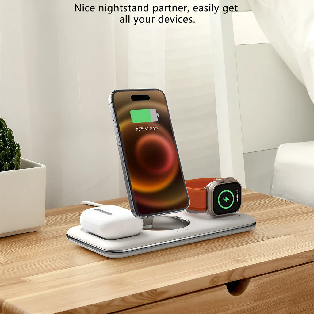 Folding magnetic wireless charger desktop bracket in white with phone charging in upright position