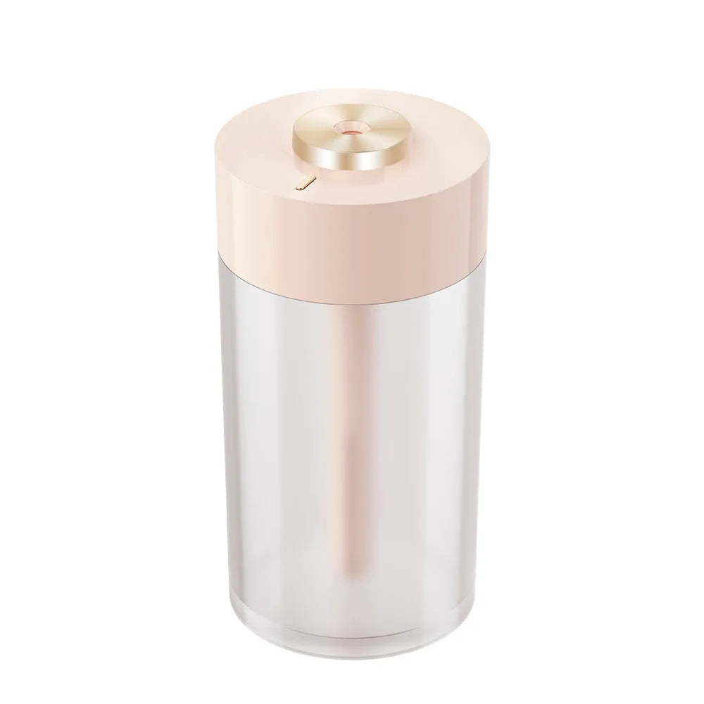 Columnar car USB humidifier in ice white with timer, placed in car cup holder