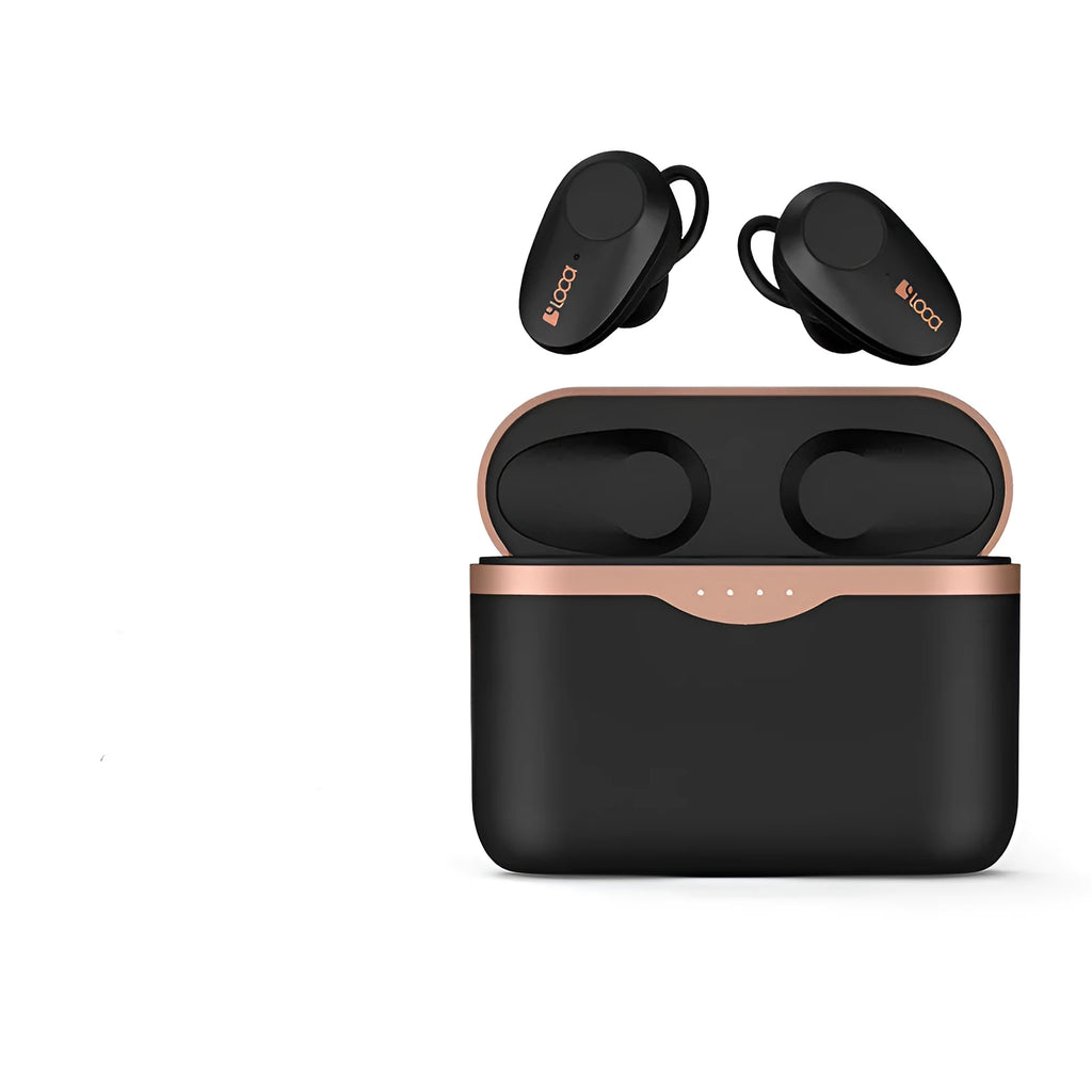 Black wireless Bluetooth headset with charging stand showing type-C port and wireless charging surface