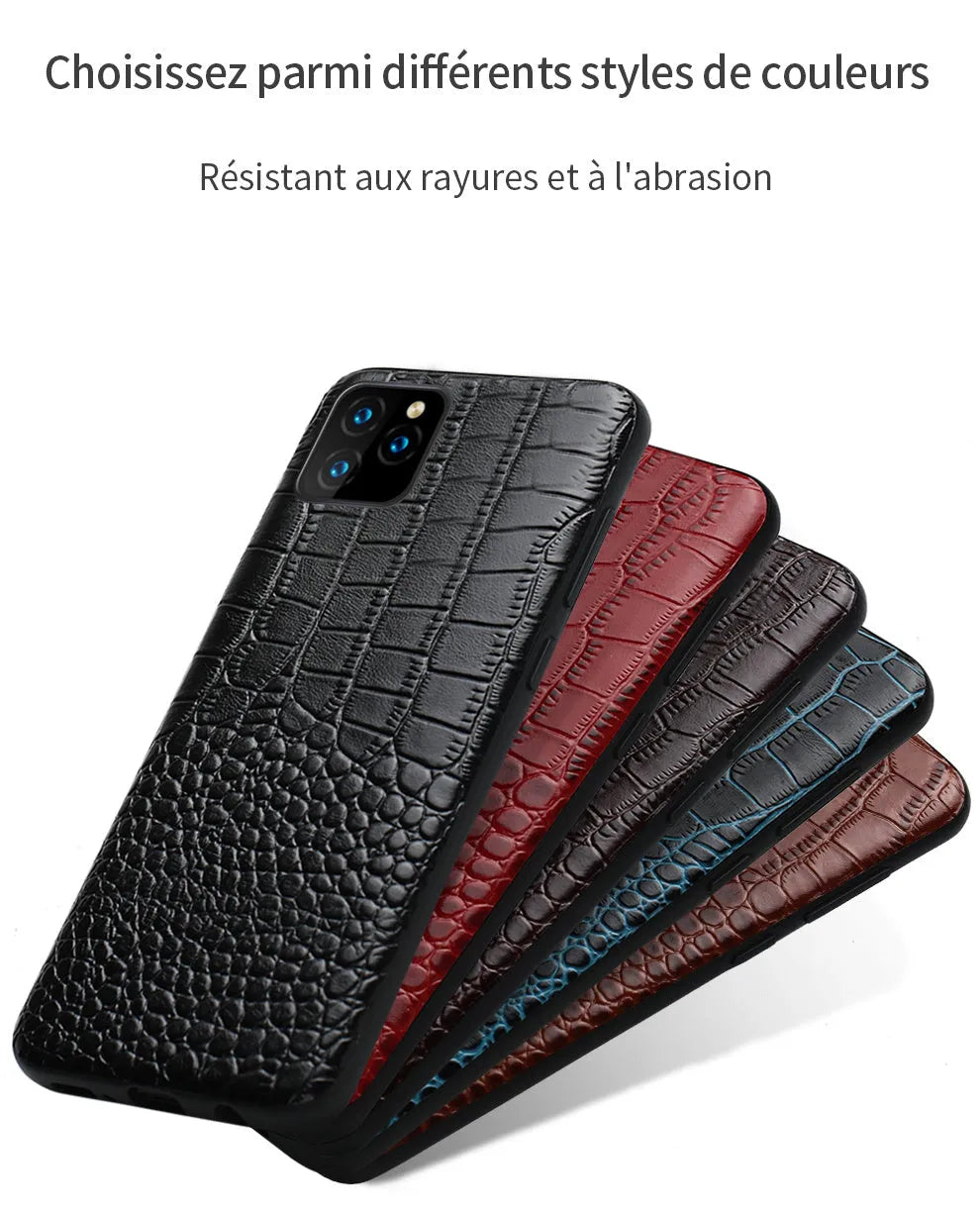 Leather iPhone case with crocodile pattern in business style showing anti-fall protection design
