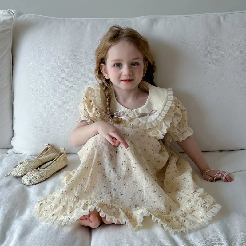 Beige cotton floral dress with lace trim and short sleeves for girls height 90-130cm