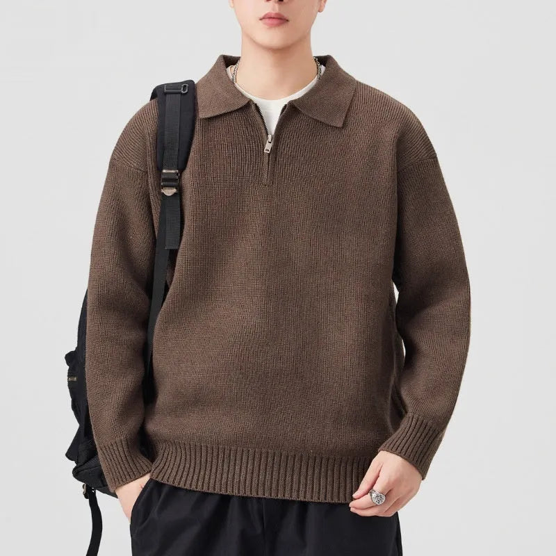Men's turn-down collar half-zip loose fit sweater in coffee colour, long sleeves, synthetic fibre blend knitwear