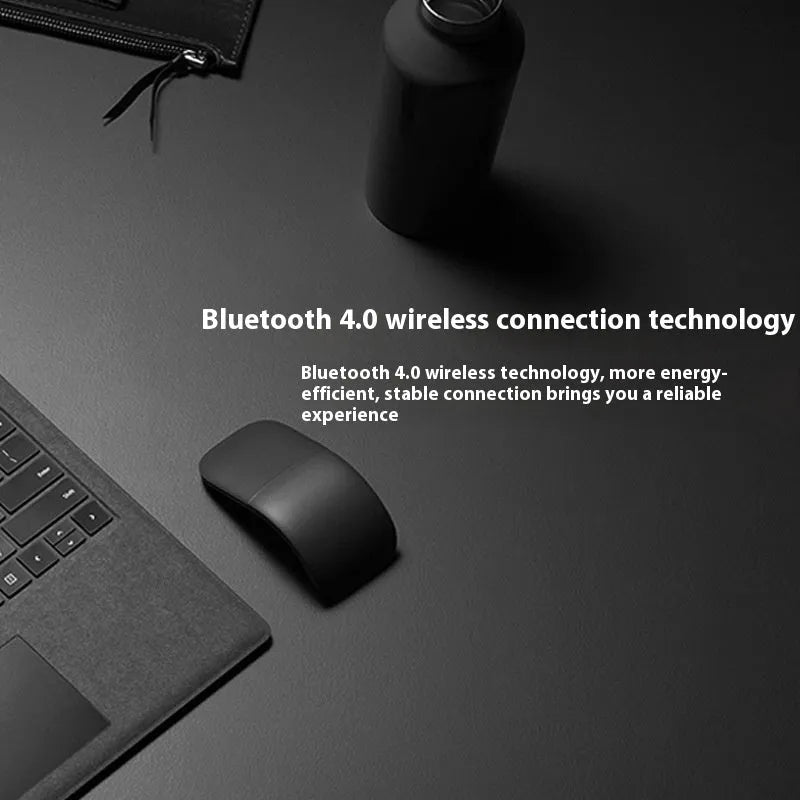 Folding wireless Bluetooth mouse shown in both extended and collapsed positions with touch surface visible