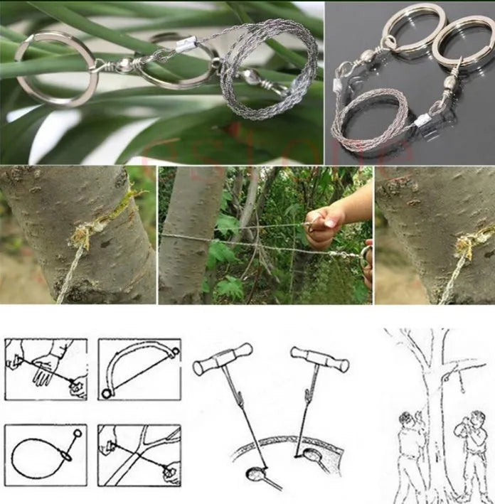 Multifunctional survival wire saw with stainless steel cutting wire and metal pull rings extended to full length