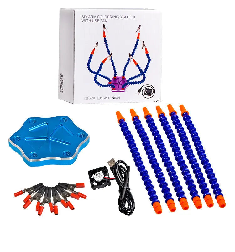 Black aluminium alloy six-jaw welding station with seven adjustable arms for model repair soldering
