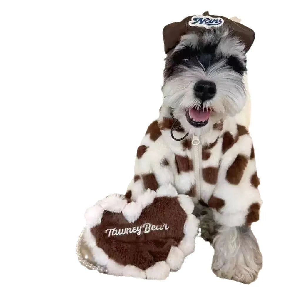 Small dog wearing a pink or brown plush warm coat in British style for Teddy and Bichon breeds