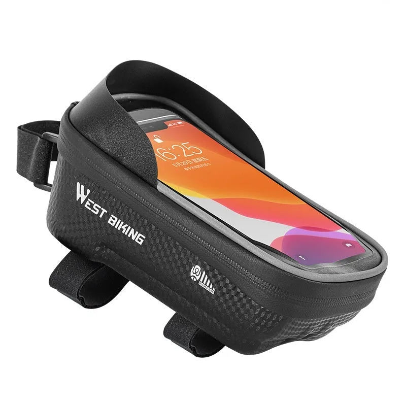 Black EVA bicycle saddle bag with touch screen upper, 1.6L capacity, for 6.5 or 7.2 inch phones