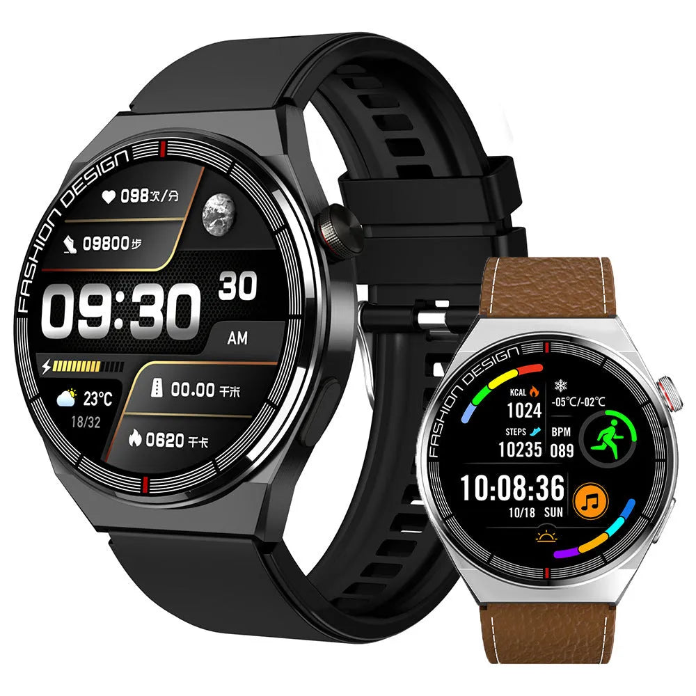 Black Bluetooth smartwatch with heart rate monitoring on silicone strap showing 1.28-inch screen
