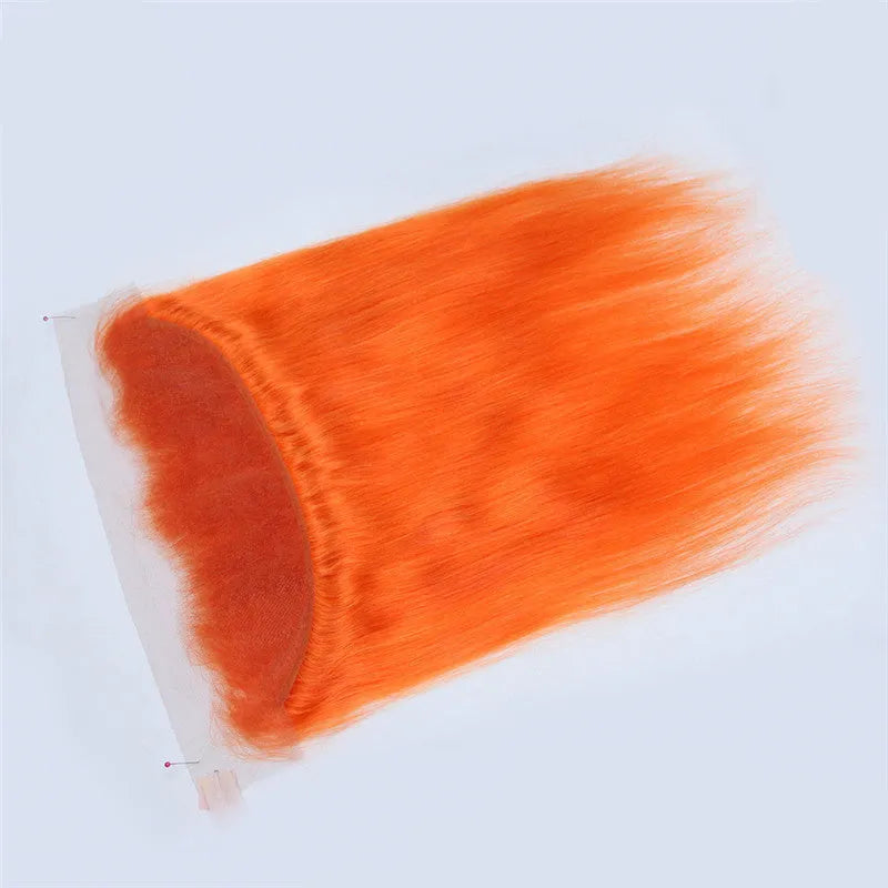 Orange red 100% human hair curtain with ST curvature texture on a display stand