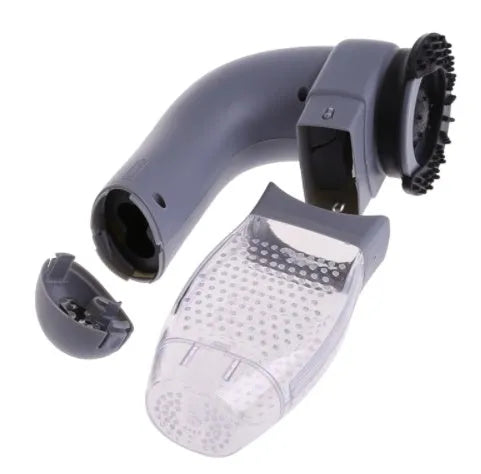 Grey handheld electric pet hair vacuum cleaner with soft rubber brush head for grooming dogs and cats