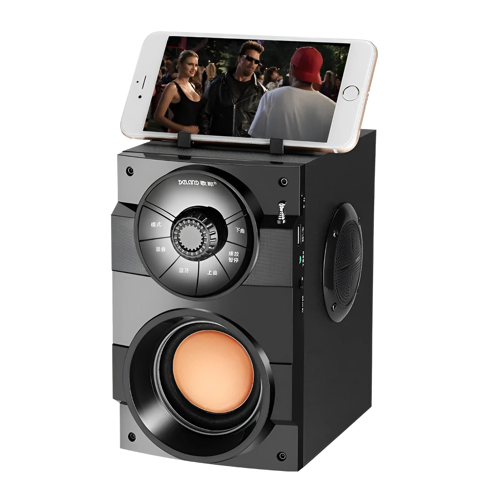 Black portable mini audio system with satellite speakers and subwoofer unit showing 3.5mm audio cable