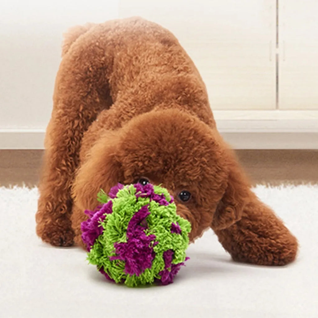 Purple plush knotty seaweed style dog chew toy ball for puppy teething and interactive fetch games.