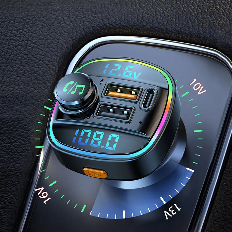 Bluetooth 5.0 FM transmitter with monochrome display and dual USB charging ports