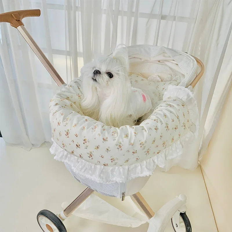 Pet stroller accessory set with cotton towel, cushion and pillow in green grey stripe pattern