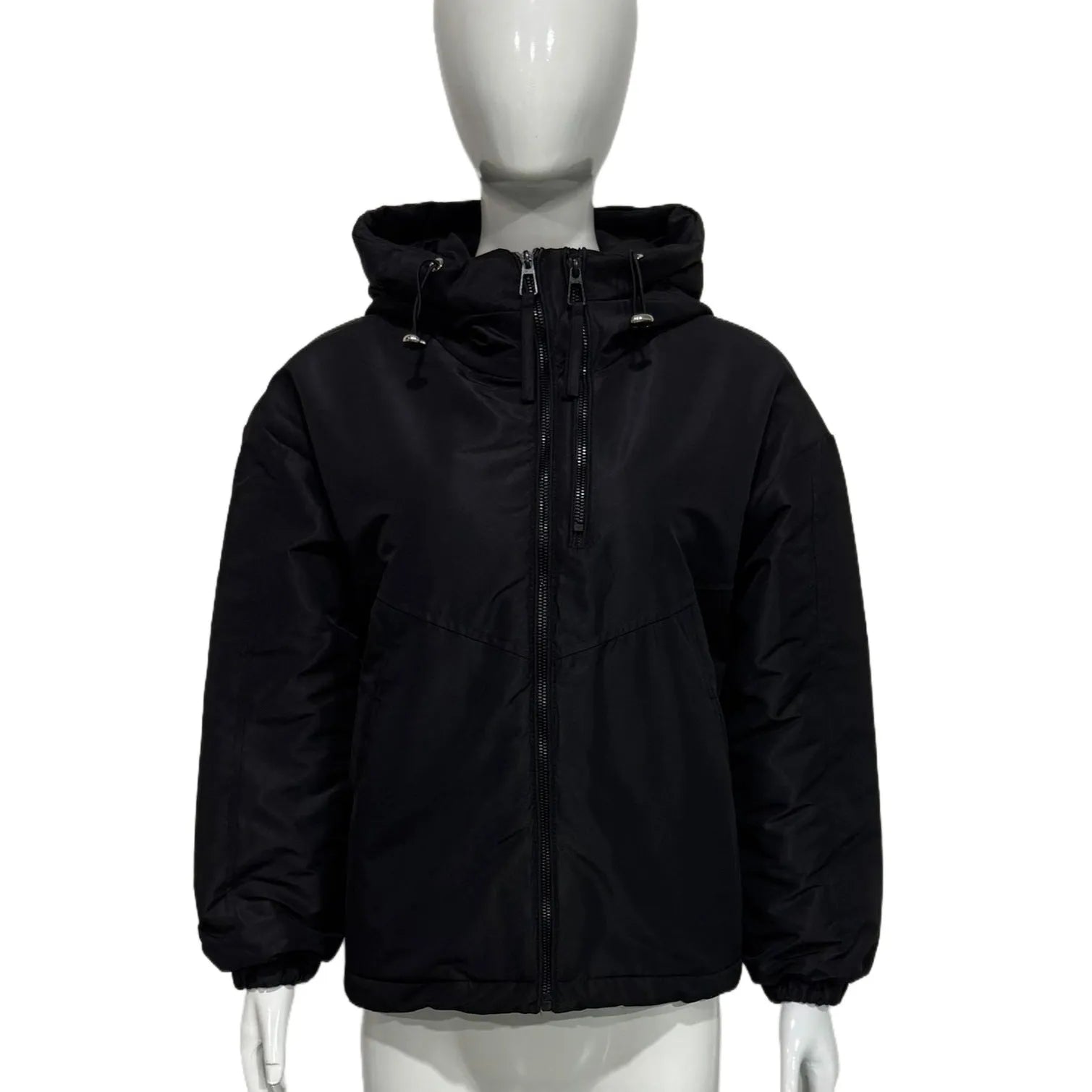 Women's hooded shell jacket loose fit polyester long sleeve solid colour black front view