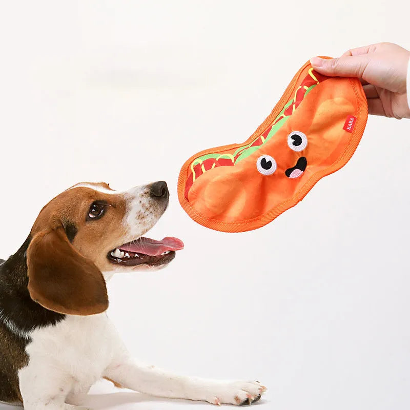 Colourful hamburger-shaped dog chew toy with crinkle and squeak features for interactive play.