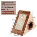 Triangle-shaped cat scratching post with integrated plush fur cat bed in grey and white colour scheme