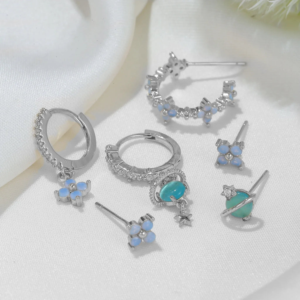 Japanese Korean style floral ear studs with zircon mosaic design in gold and silver colour options
