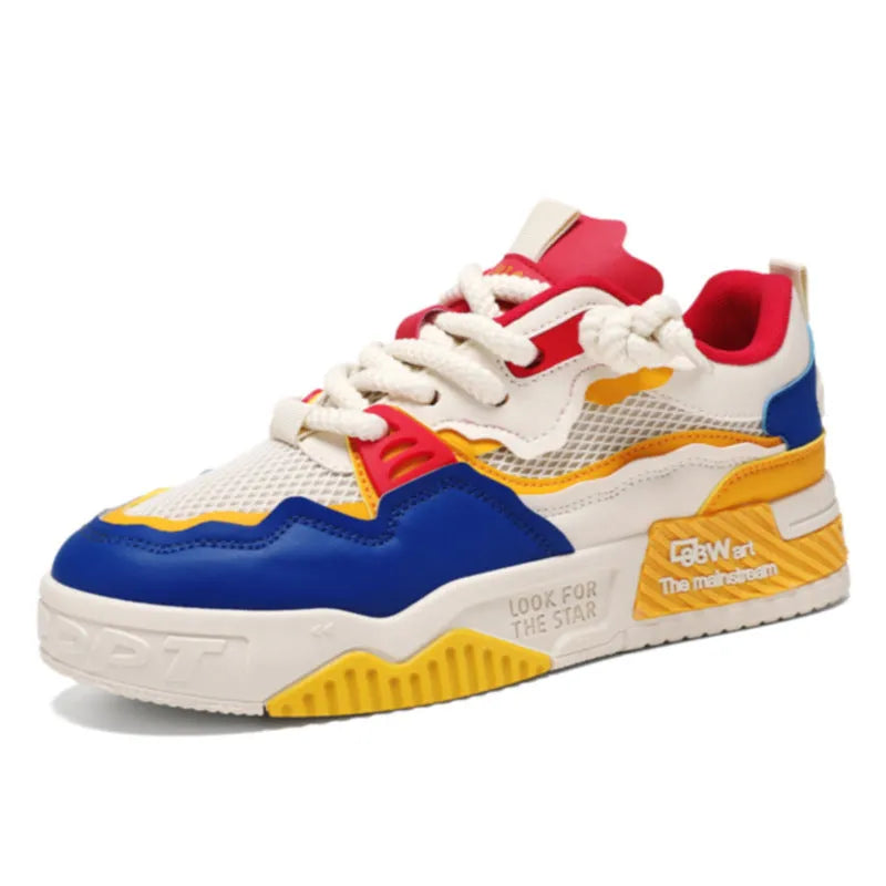 Men's low-top board shoes in white and yellow, white and black, and beige colour-matching designs with rubber soles
