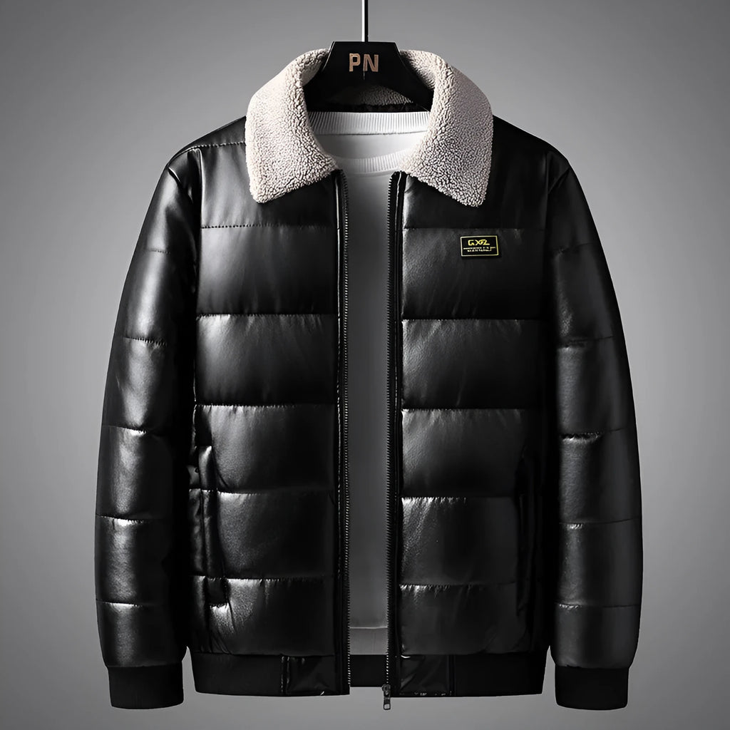 Men's thickened PU leather winter jacket with lapel collar in black, shown front view on model