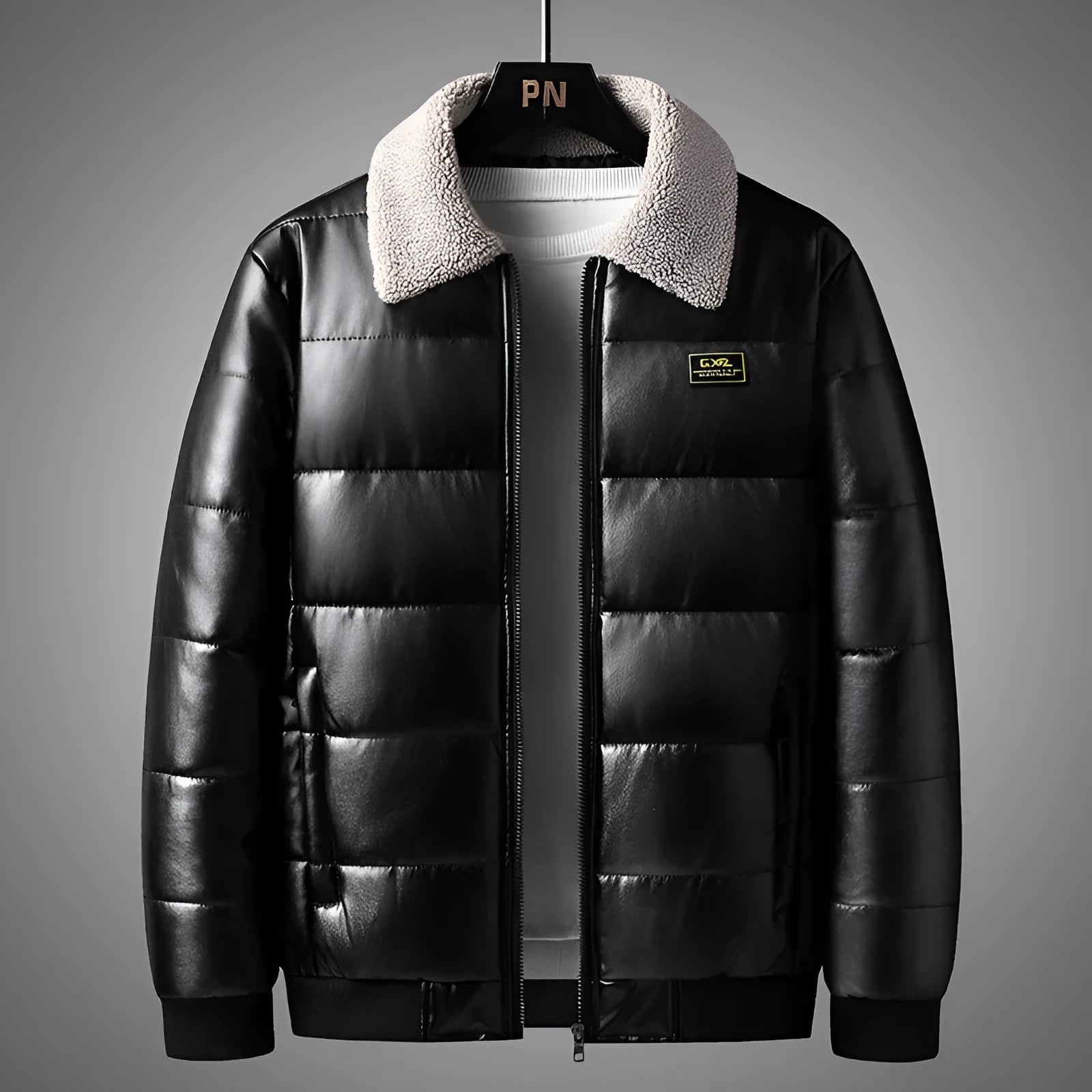 Men's thickened PU leather winter jacket with lapel collar in black, shown front view on model