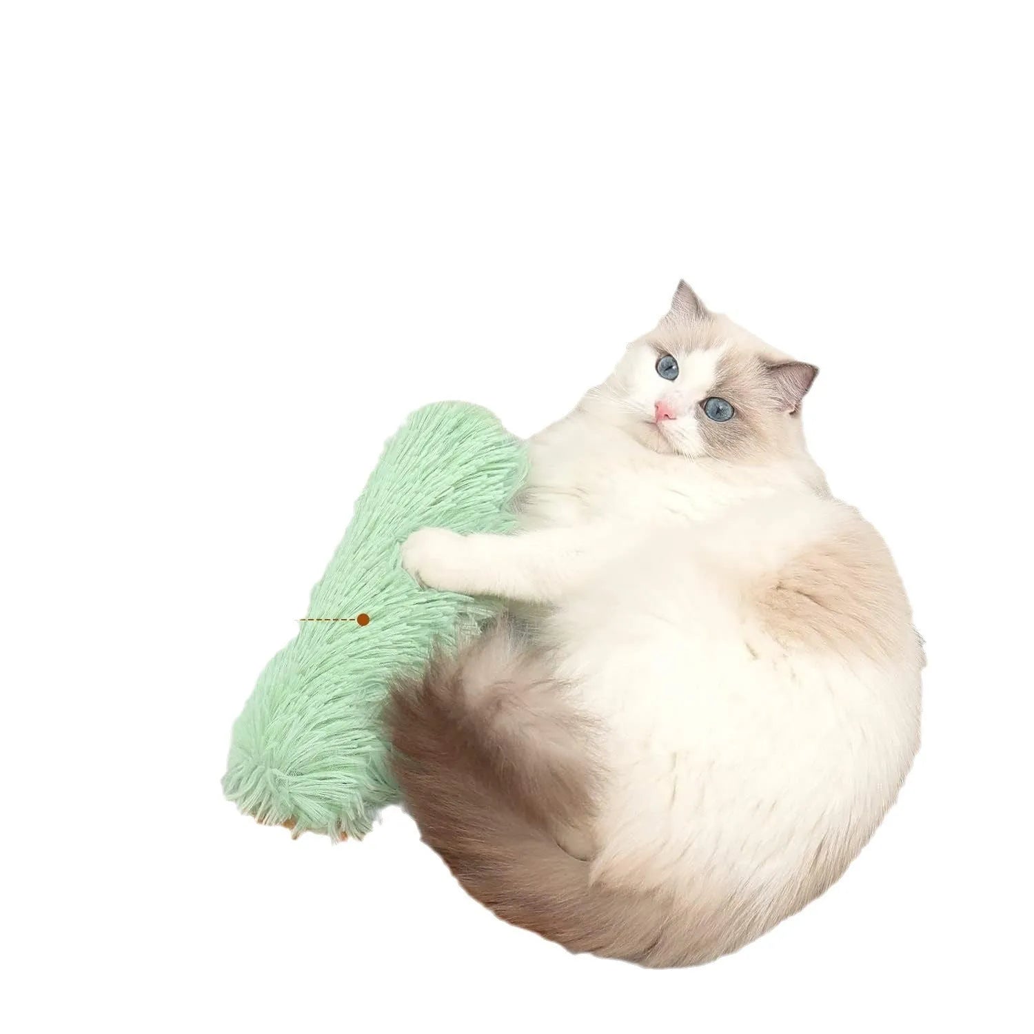 Green, white, blue, and pink plush cat toy pillow measuring 27cm by 10cm