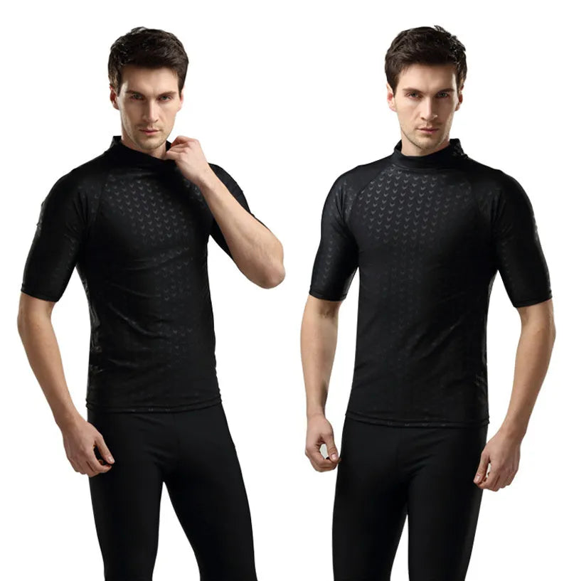 Men's black leopard print short-sleeved swimsuit suit with split quick-drying fabric, front view