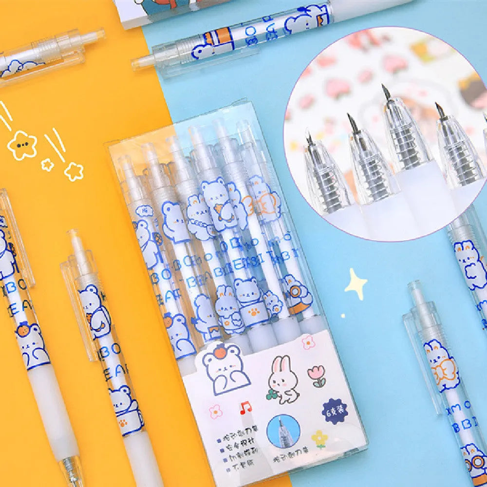Set of six cute bear and bunny themed press pen knives on a white background.