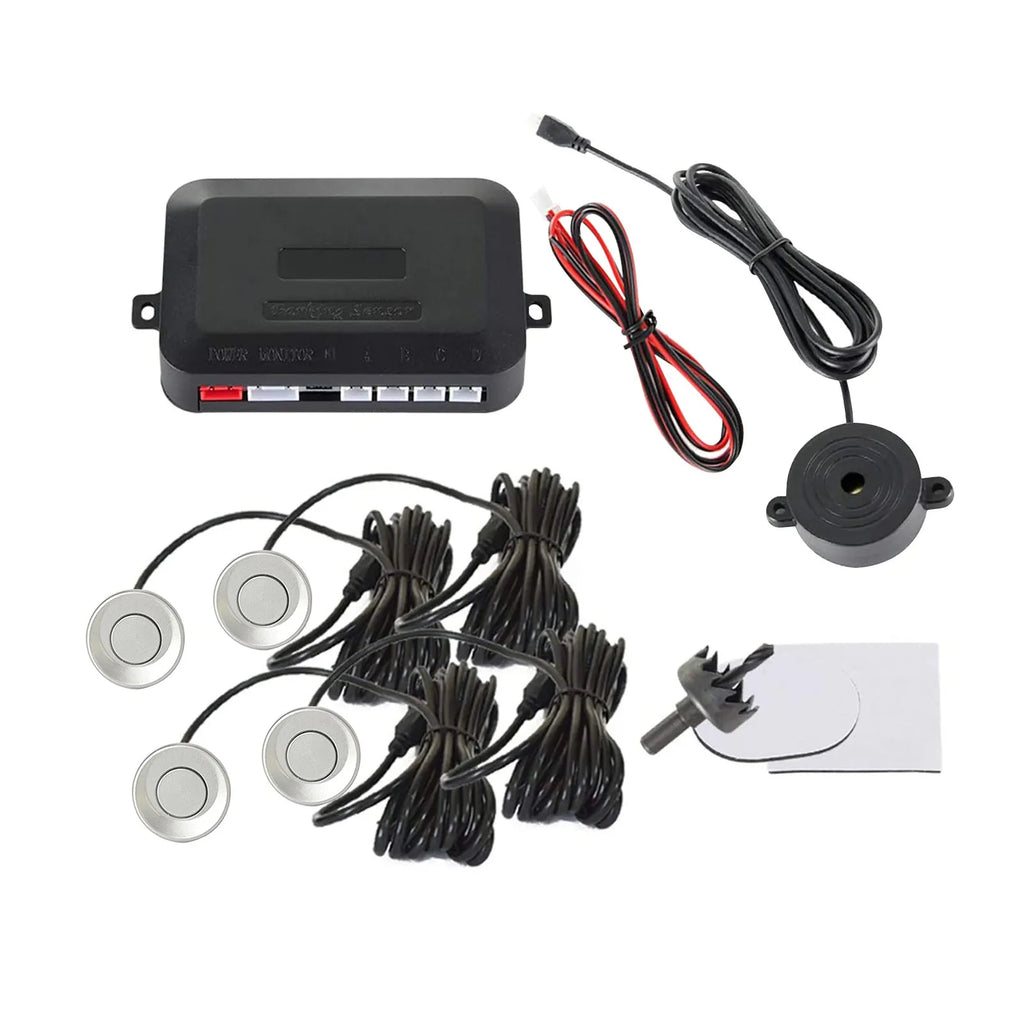 Four ultrasonic parking sensors and a buzzer control unit for a car reversing radar system.