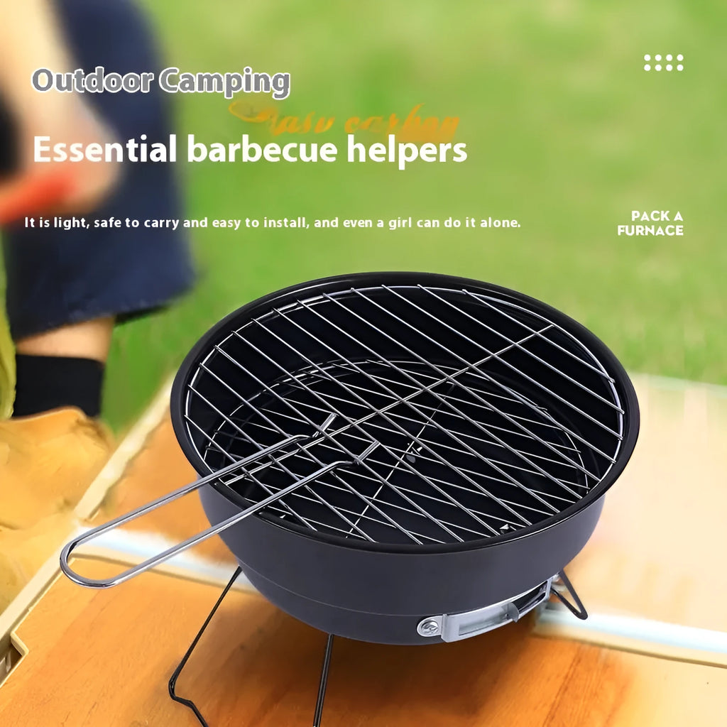 Small folding round ice stove with barbecue grill and accessories for outdoor cooking