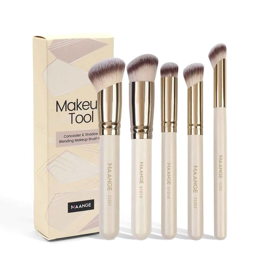 MAANGE five-piece angled blush makeup brush set in apricot colour with synthetic bristles