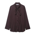 Brown loose fit women's long sleeve poplin shirt with a bow tie scarf