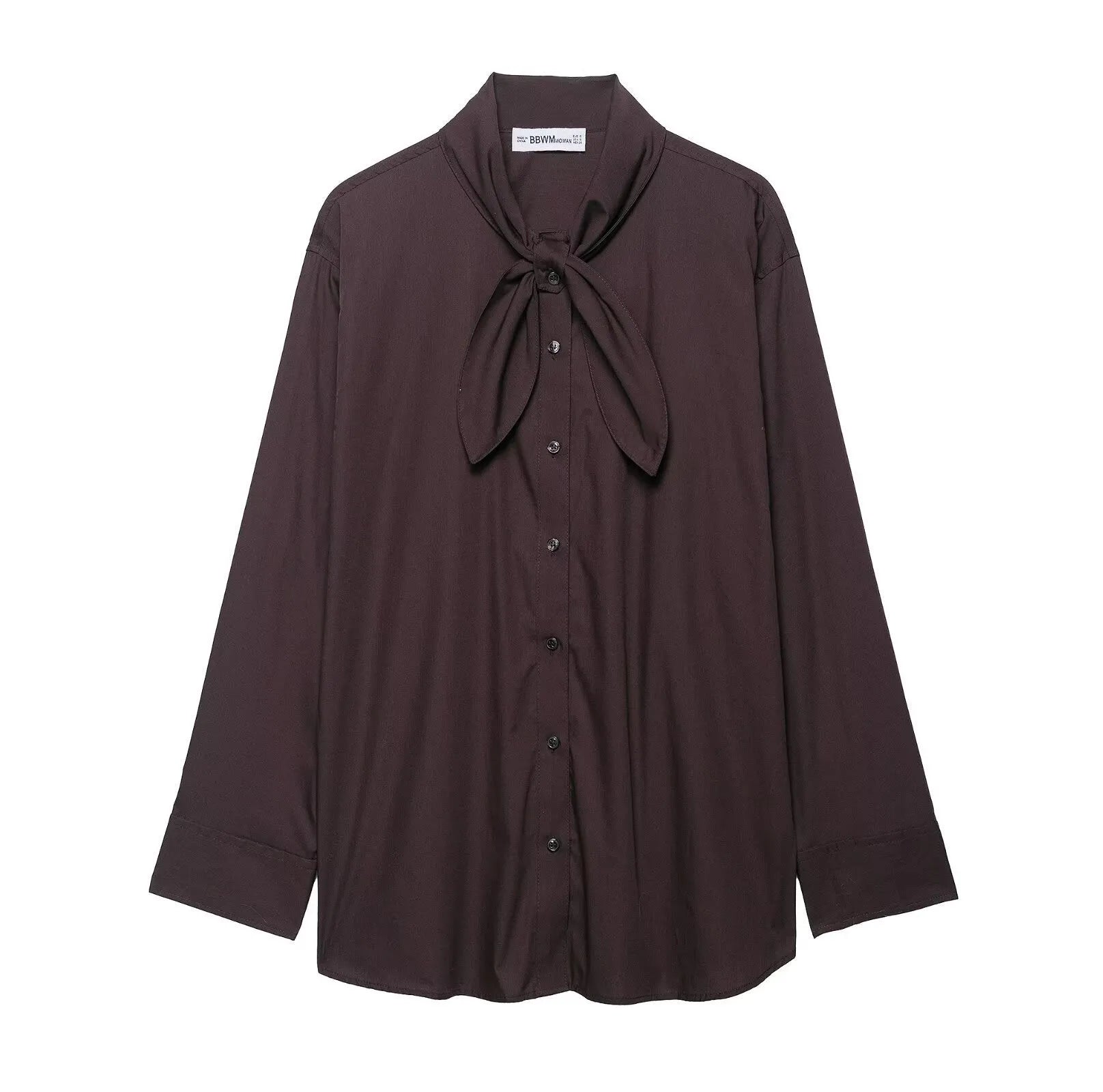 Brown loose fit women's long sleeve poplin shirt with a bow tie scarf