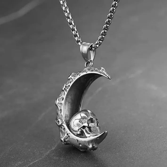 Silver stainless steel men's skull necklace with alloy pendant in six design variations