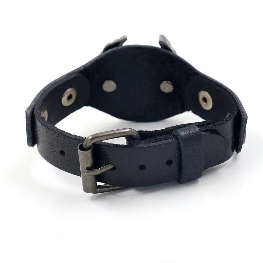 Black leather alloy eagle watch-band bracelet with geometric patterning