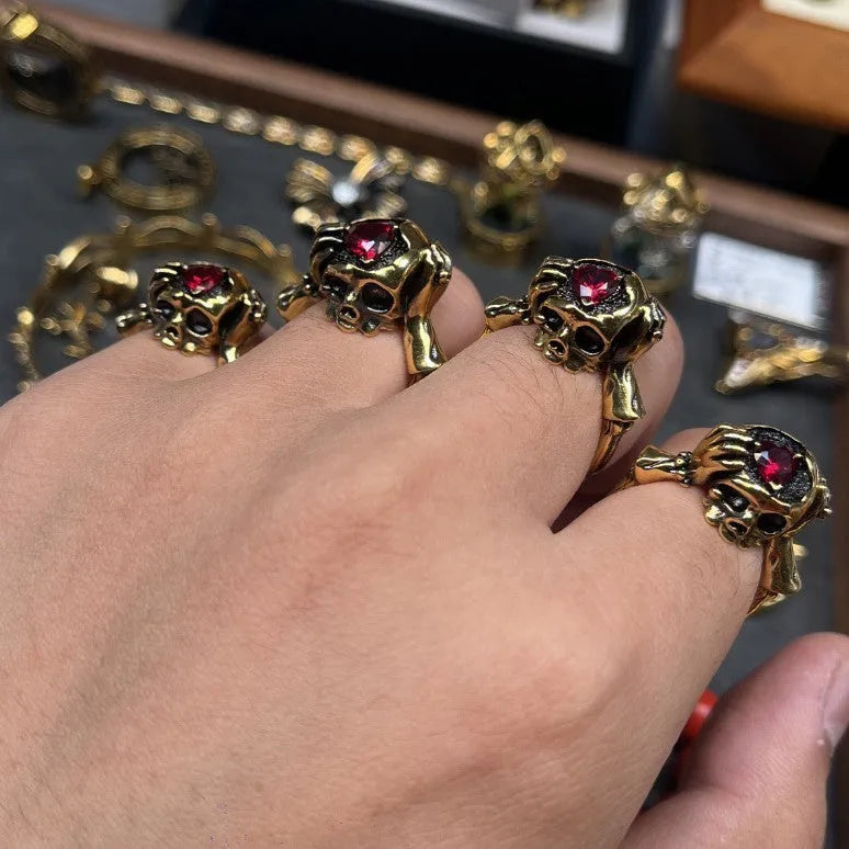 Copper skull ring men unisex adjustable opening retro style with Love Brain colour electroplated finish