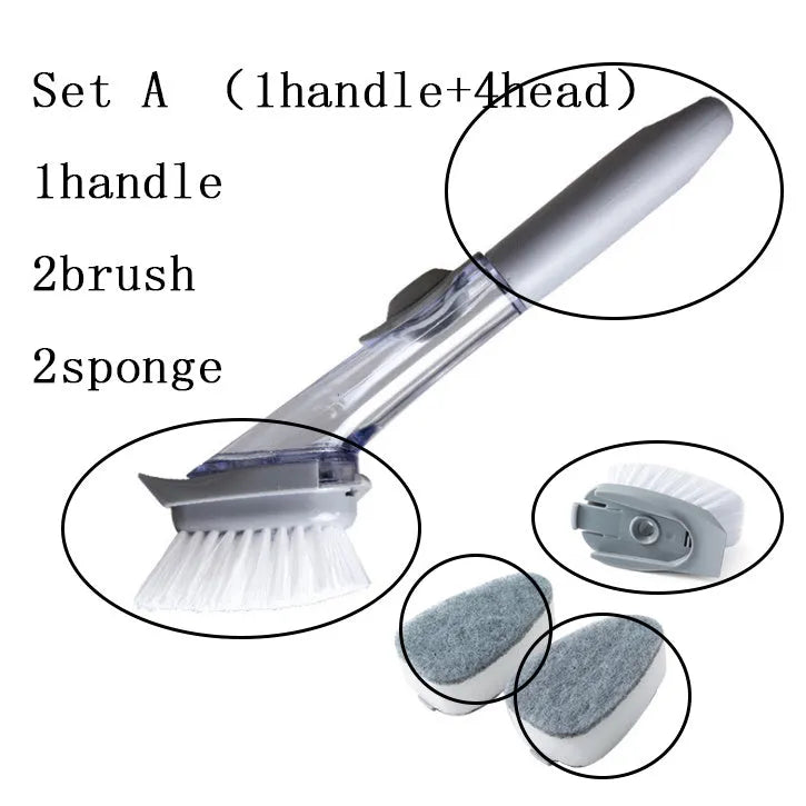 2-in-1 long handle cleaning brush with removable brush head and sponge for kitchen