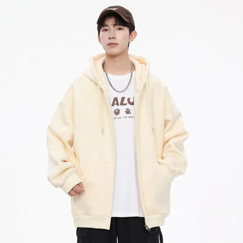 Men's solid colour hooded cardigan sweatshirt in loose fit polyester, front view