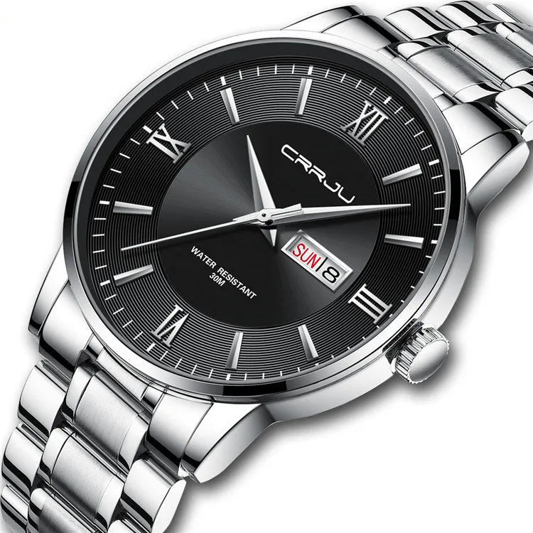 Men's quartz watch with alloy case, plexiglass mirror, and black dial with silver hands on a matching strap.