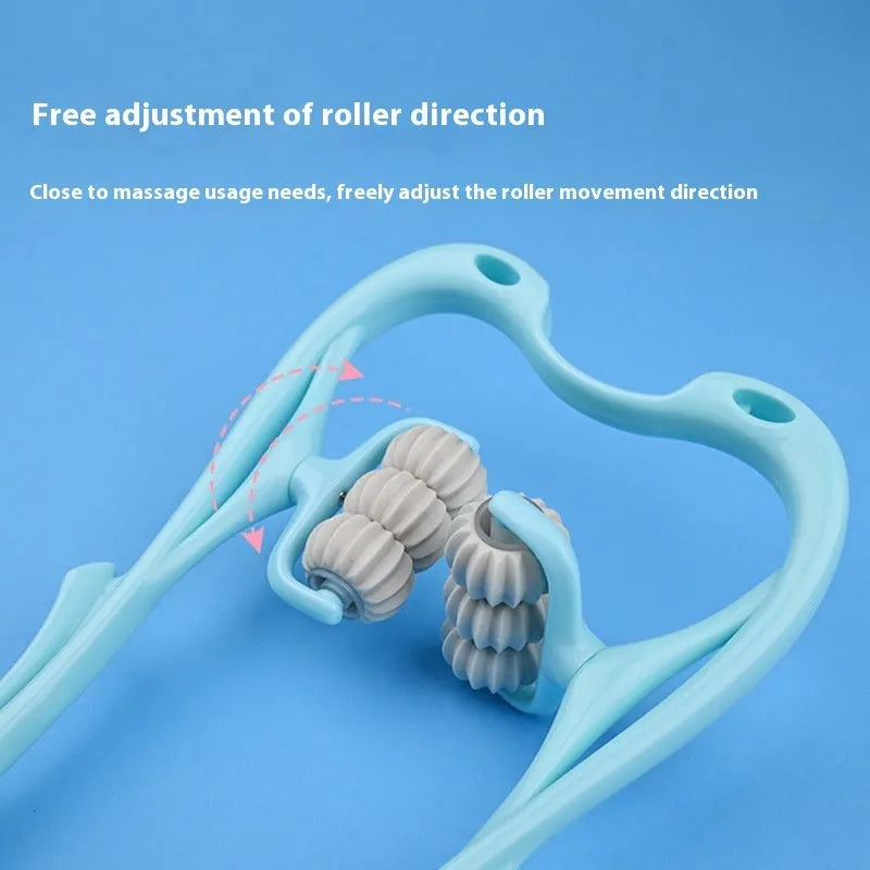 Blue plastic handheld massager with six black rollers for neck, shoulder, and back.